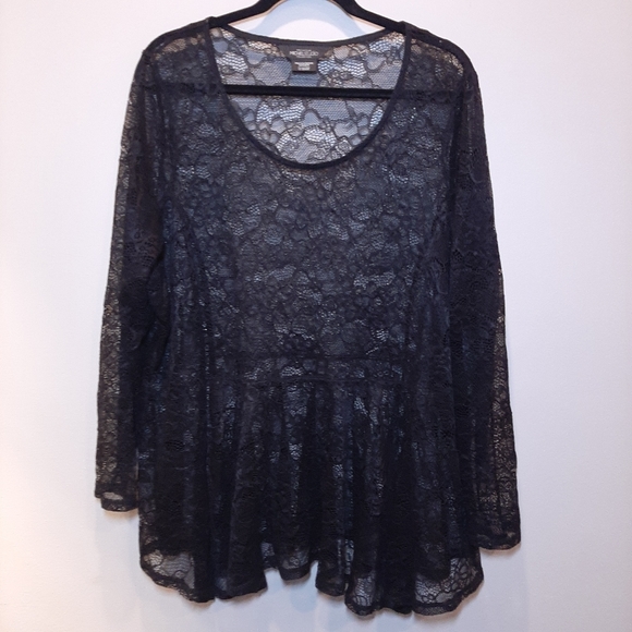 🍁 MICHEL STUDIO Sheer Lace Scoop Neck Long Sleeve Peplum Top Black Stretchy - Picture 8 of 10